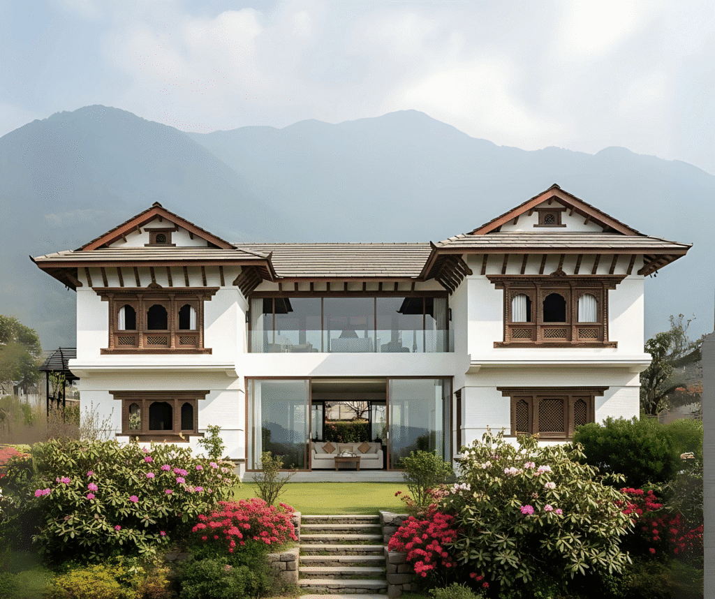 Contemporary Nepali residence with traditional wood detailing set against the Himalayas