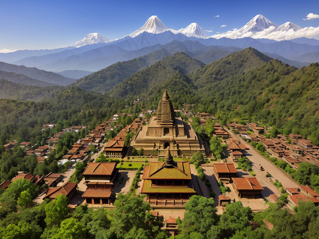 Traditional pagoda-style architecture set among Nepal's hills with the Himalayas beyond